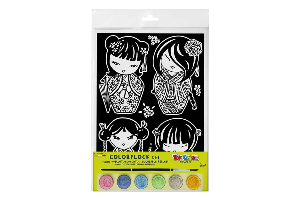 colorflock bambole kokeshi: disegno in velluto floccato con acquerelli perlati 